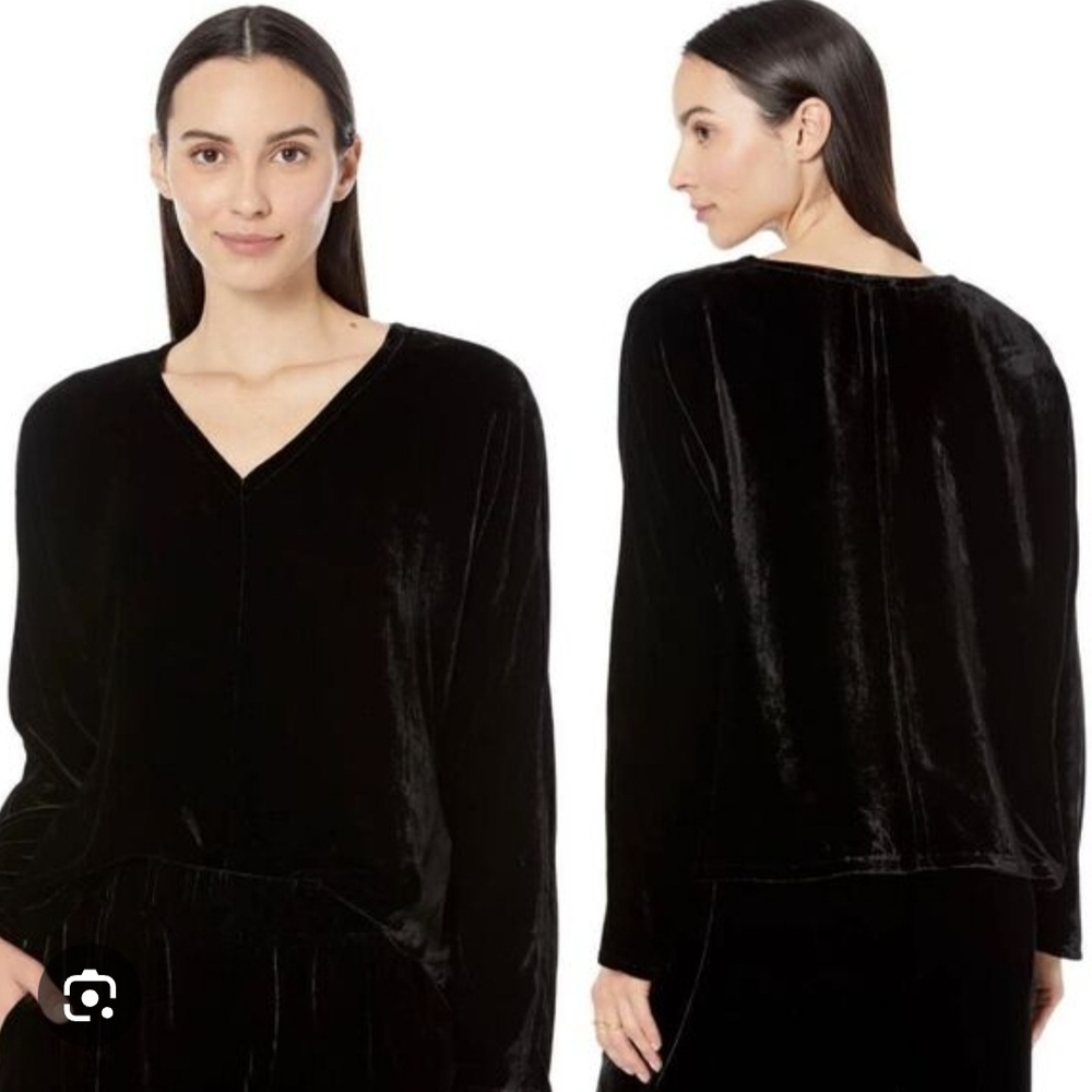 Eileen Fisher Black Velvet Long-Sleeve V-Neck Top